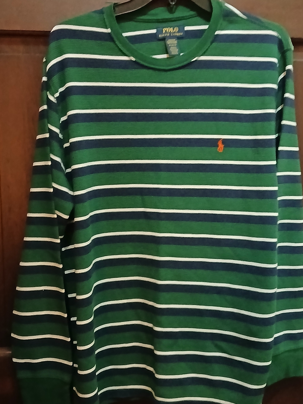 Polo by Ralph Lauren Green Striped Long-Sleeve Crew Waffle Knit Shirt XL